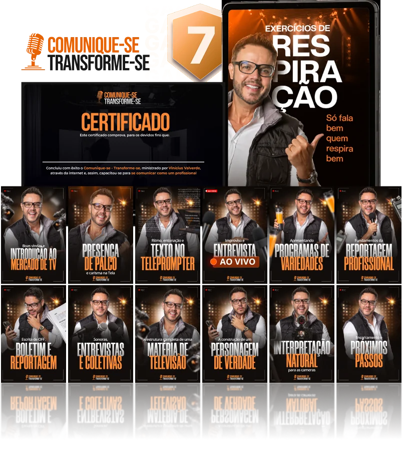 Capas dos 12 módulos, bônus Exercícios de respiração, selo de 7 dias de garantia e certificado do Comunique-se, Transforme-se